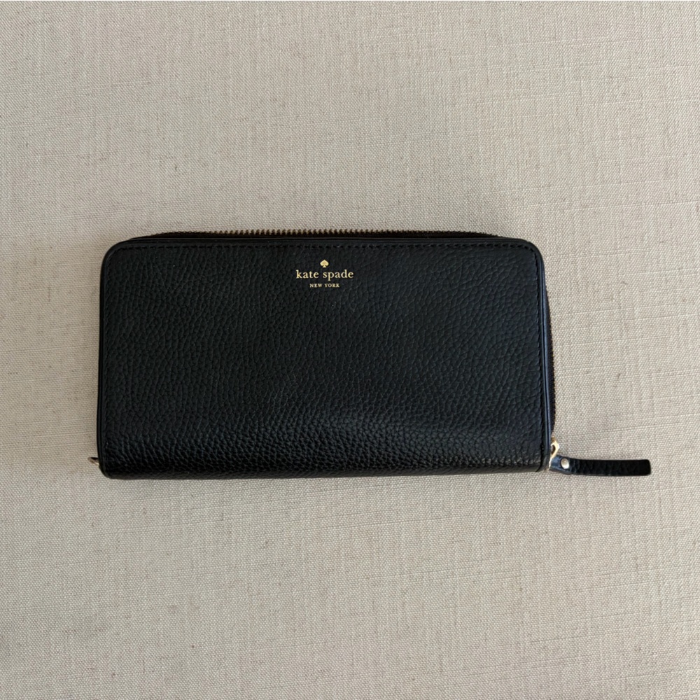 Kate Spade Black Pebbled Leather Zip Wallet with Gold Logo